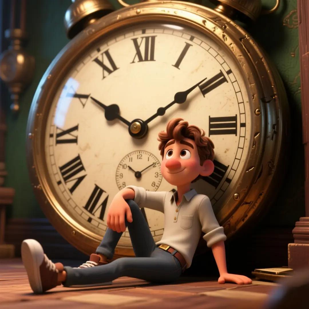 Imagen de un personaje apoyado en un reloj