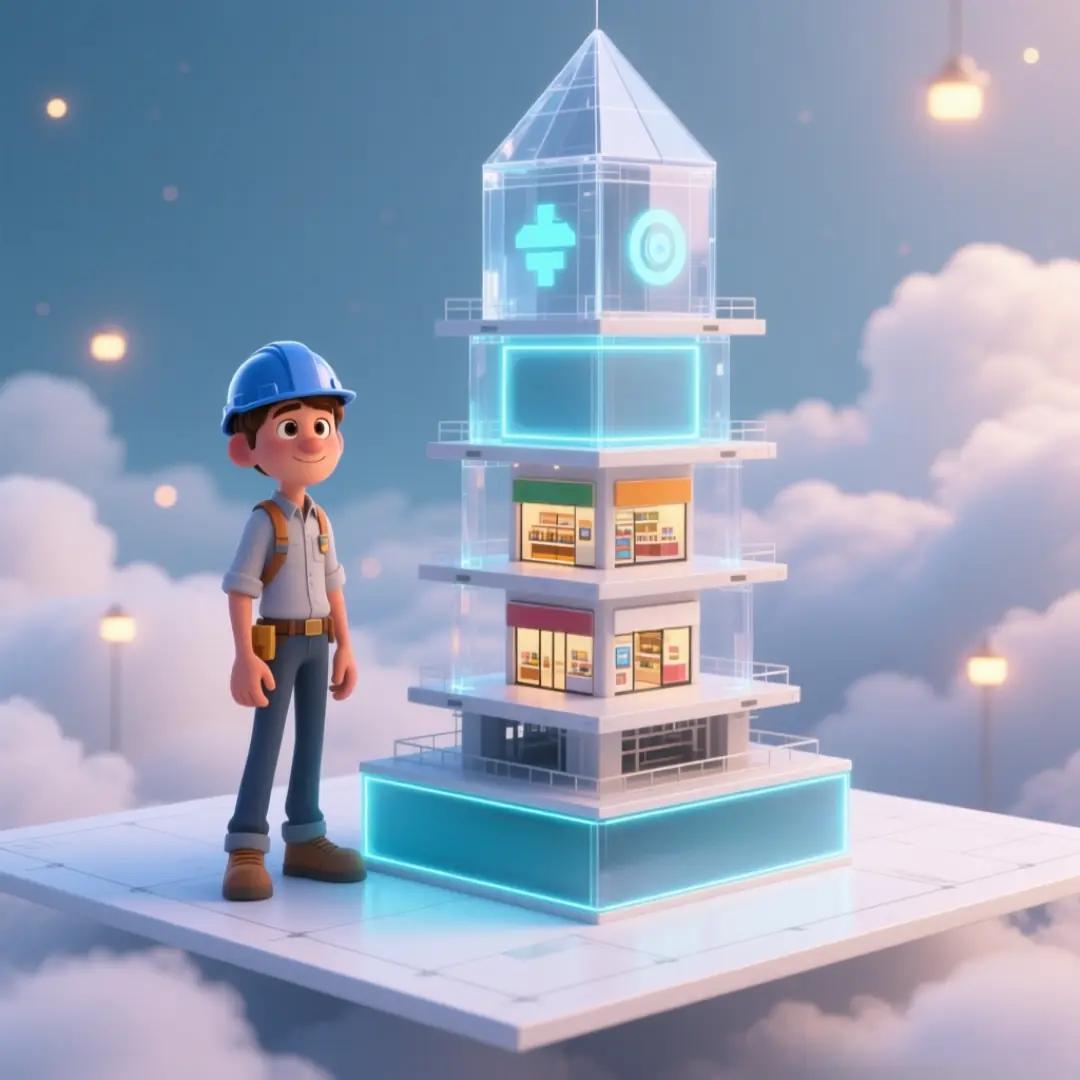 Imagen de un personaje que tiene al lado una edificación escalada con módulos