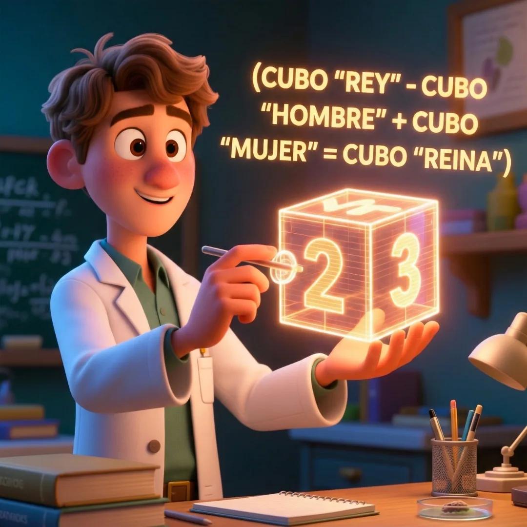 Visualización de la matemática vectorial con embeddings: Rey - Hombre + Mujer = Reina.
