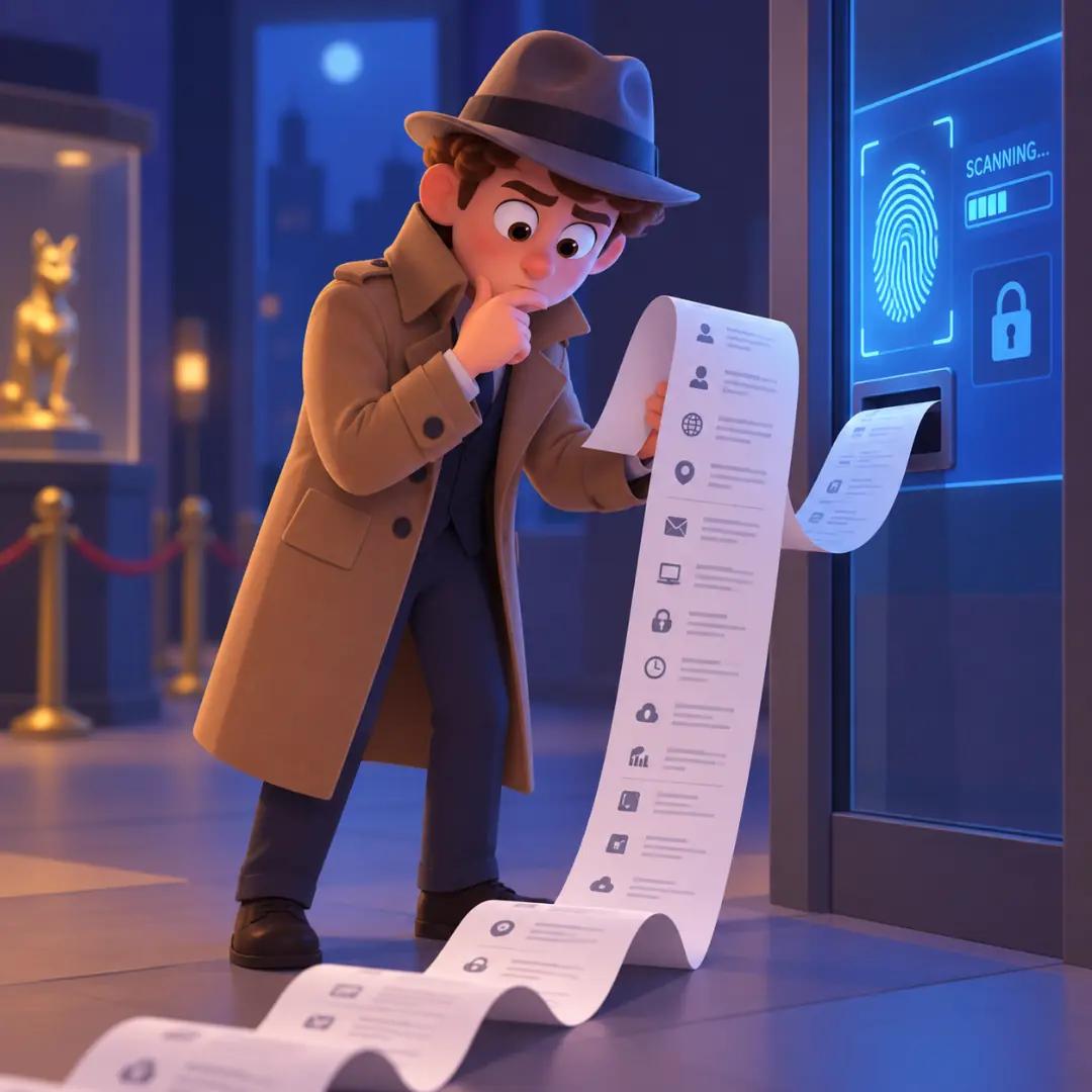 El personaje disfrazado mirando sorprendido un largo ticket de papel con sus datos, simbolizando la información que revela el hardware