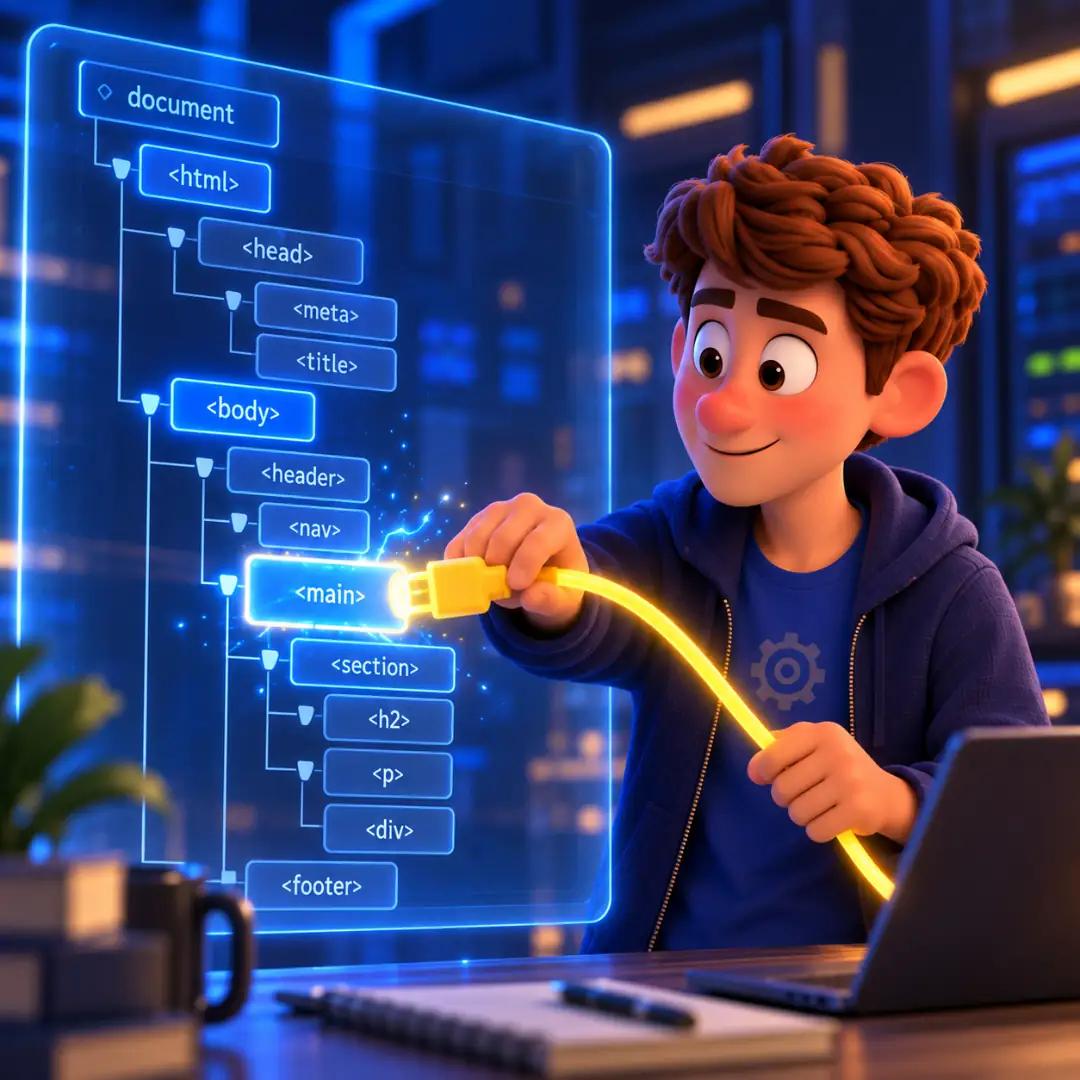 Personaje inyectando un cable de energía amarilla en un nodo específico de un árbol holográfico azul