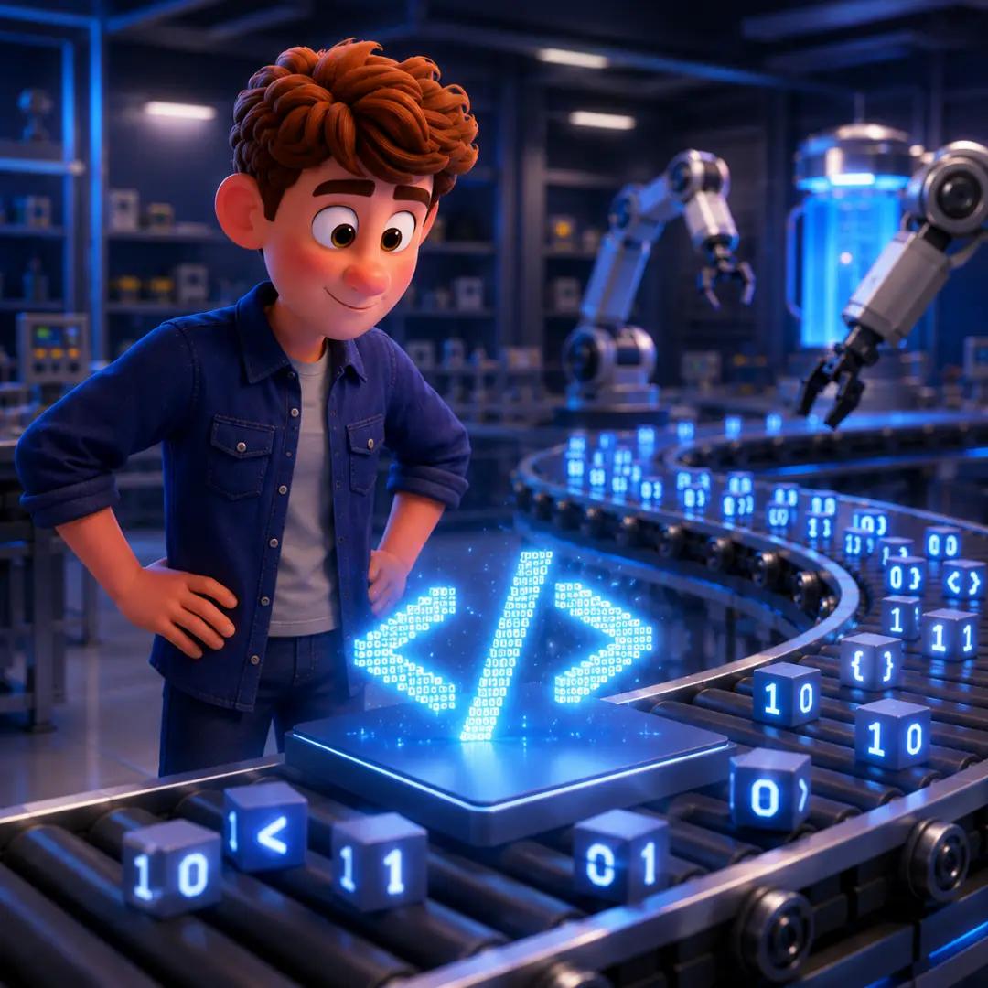 El personaje observando con orgullo un bloque de código brillante y validado sobre una cinta transportadora, listo para ser desplegado automáticamente por brazos robóticos
