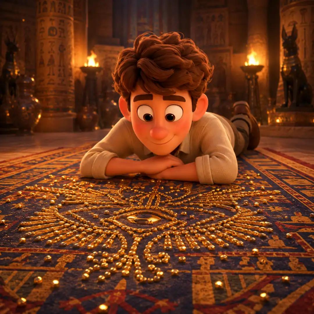 El personaje recostado en una alfombra observando un patrón formado por semillas doradas caídas al azar, simbolizando la probabilidad
