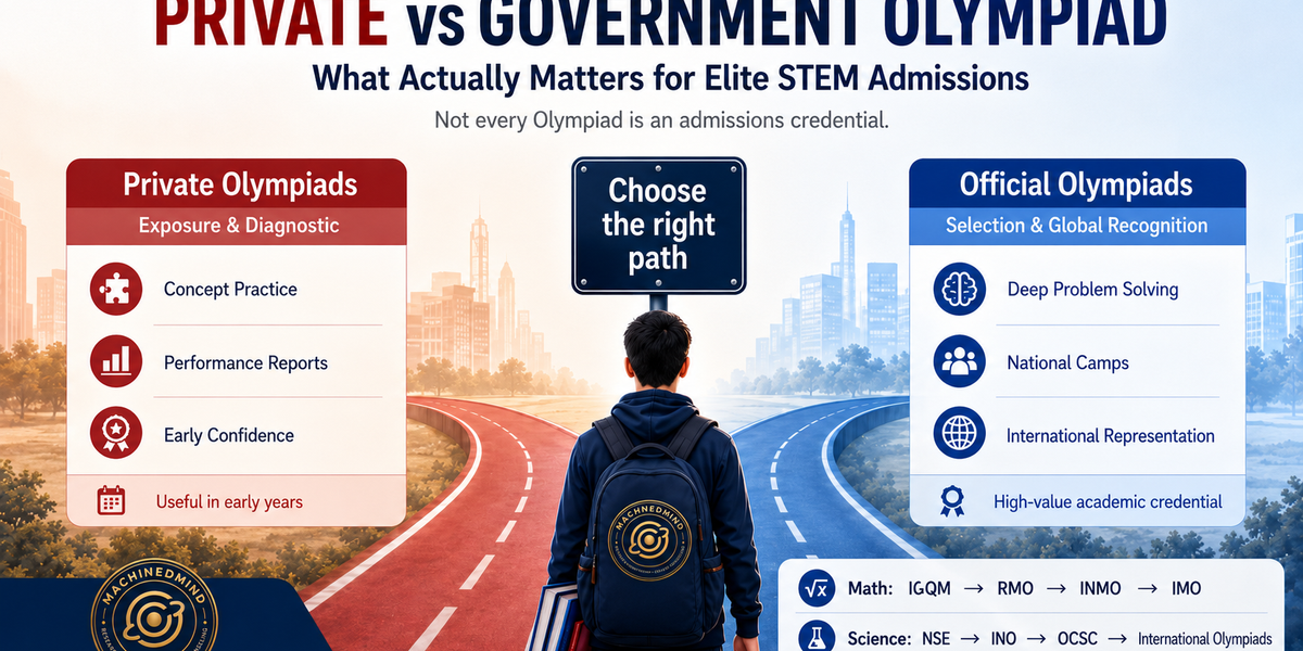 Infographic comparing private Olympiads and official government-backed Olympiads, showing how students can move from early exposure exams to national camps, international Olympiads, and elite STEM admissions.