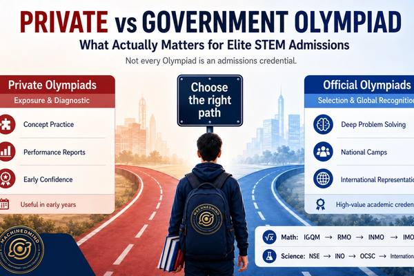 Infographic comparing private Olympiads and official government-backed Olympiads, showing how students can move from early exposure exams to national camps, international Olympiads, and elite STEM admissions.