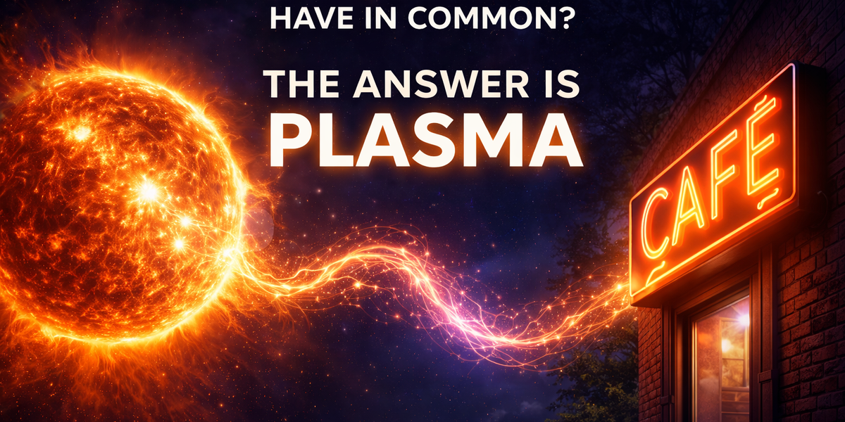 Illustration of the Sun and a glowing neon sign connected by plasma