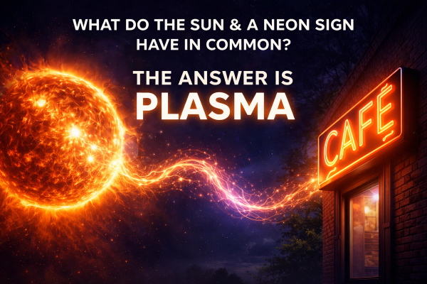 Illustration of the Sun and a glowing neon sign connected by plasma