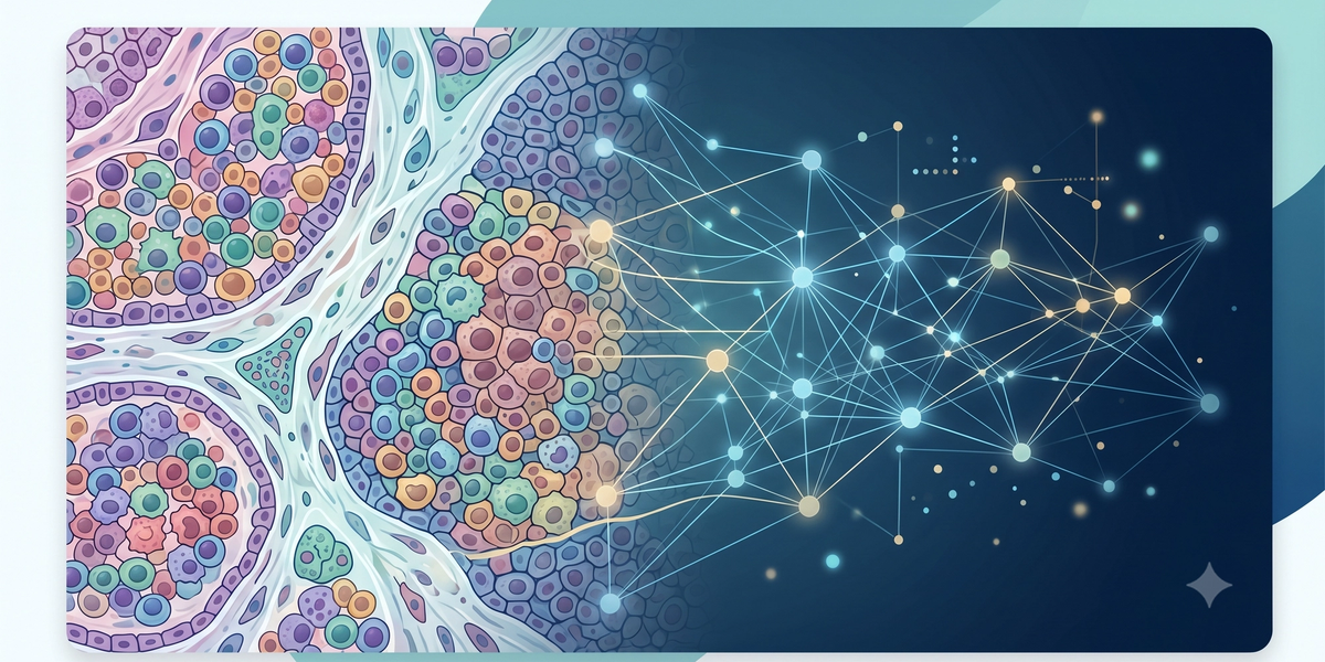 An abstract, premium illustration showing a stylized histopathology tissue slide pattern on the left with colorful cell structures, transitioning into a dark blue glowing AI neural network map with interconnected data nodes on the right.