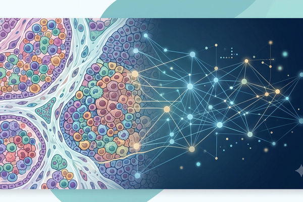 An abstract, premium illustration showing a stylized histopathology tissue slide pattern on the left with colorful cell structures, transitioning into a dark blue glowing AI neural network map with interconnected data nodes on the right.