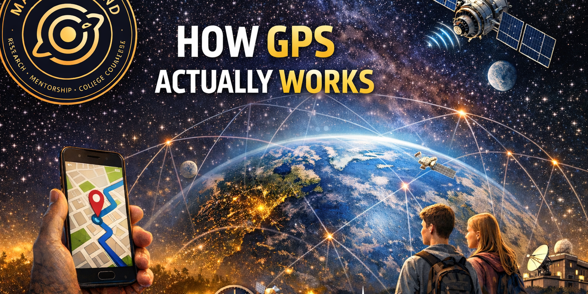 How GPS works banner showing Earth, GPS satellites, a smartphone map, and high school students with the MachinedMind logo