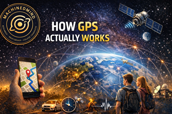 How GPS works banner showing Earth, GPS satellites, a smartphone map, and high school students with the MachinedMind logo