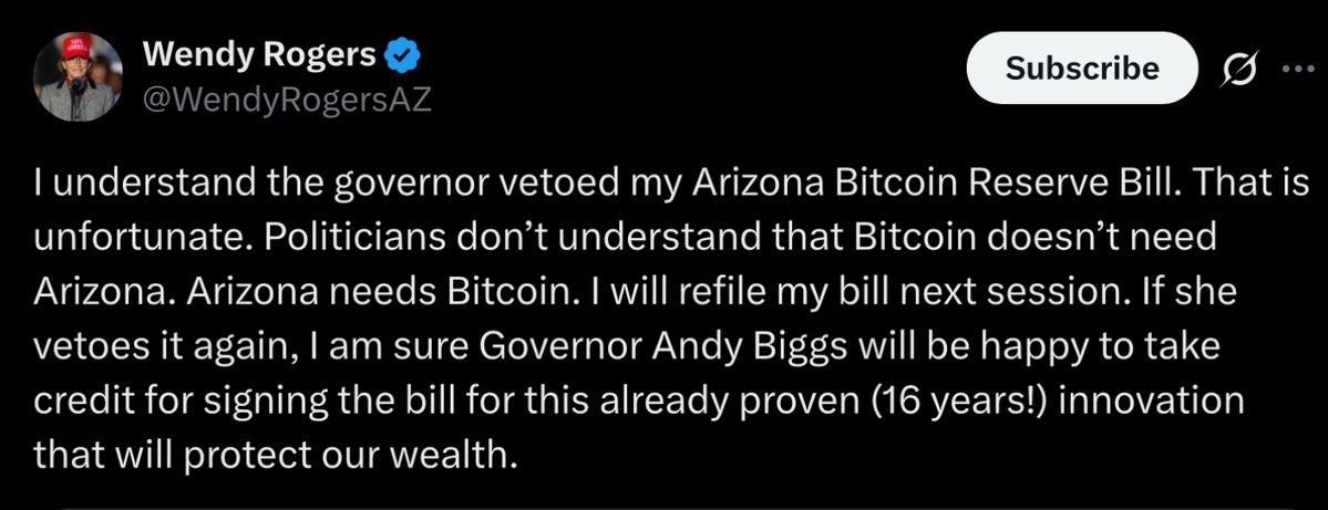 Arizona Governor Katie Hobbs Vetoes Strategic Bitcoin Reserve Bill SB1025; Senator Wendy Rogers Plans to Refile