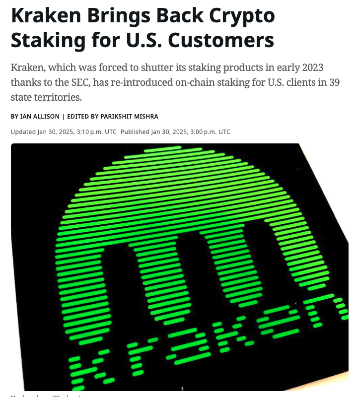 Kraken Reintroduces Staking for U.S. Customers in 39 States After SEC Settlement