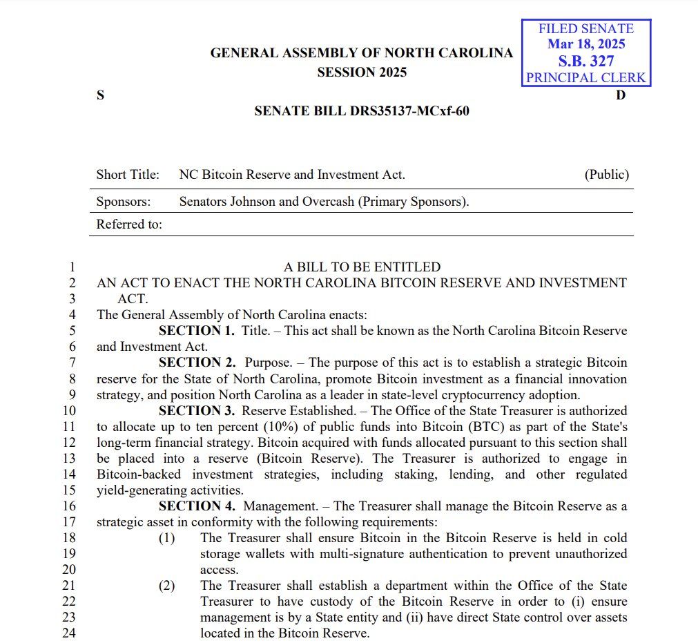 North Carolina House Passes House Bill 92 with 71-44 Vote, Allowing 5% of Funds into Bitcoin Reserve