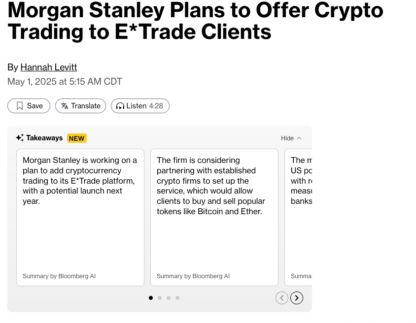 Morgan Stanley Plans Crypto Trading for 5.2 Million E*Trade Clients as Soon as 2026