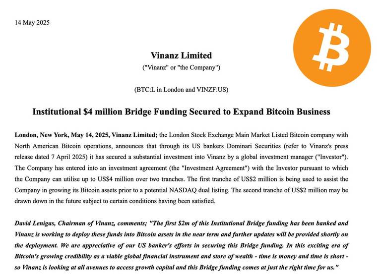 Vinanz Limited raised M in bridge funding, with…