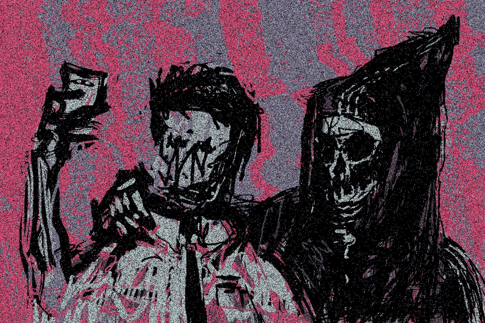 Last Selfie by XCOPY, a scribbled man in a tie raising a phone beside a hooded reaper on pink grain