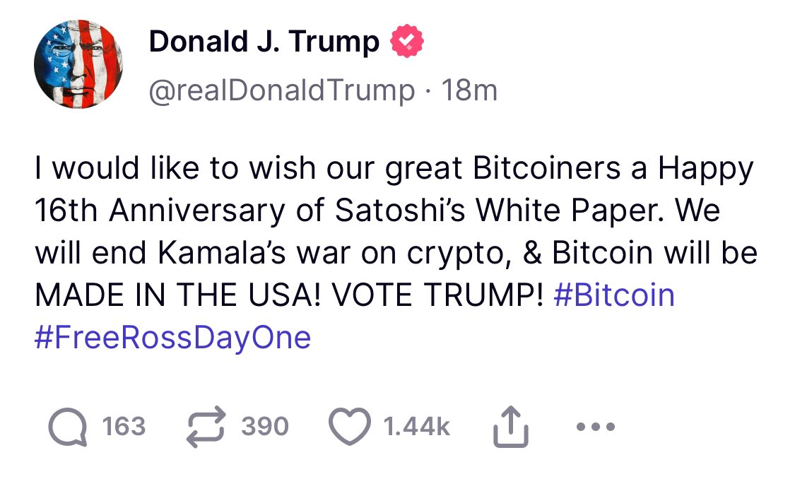 Trump Marks Bitcoin's 16th Anniversary, Vows to End Crypto War and Free Ross