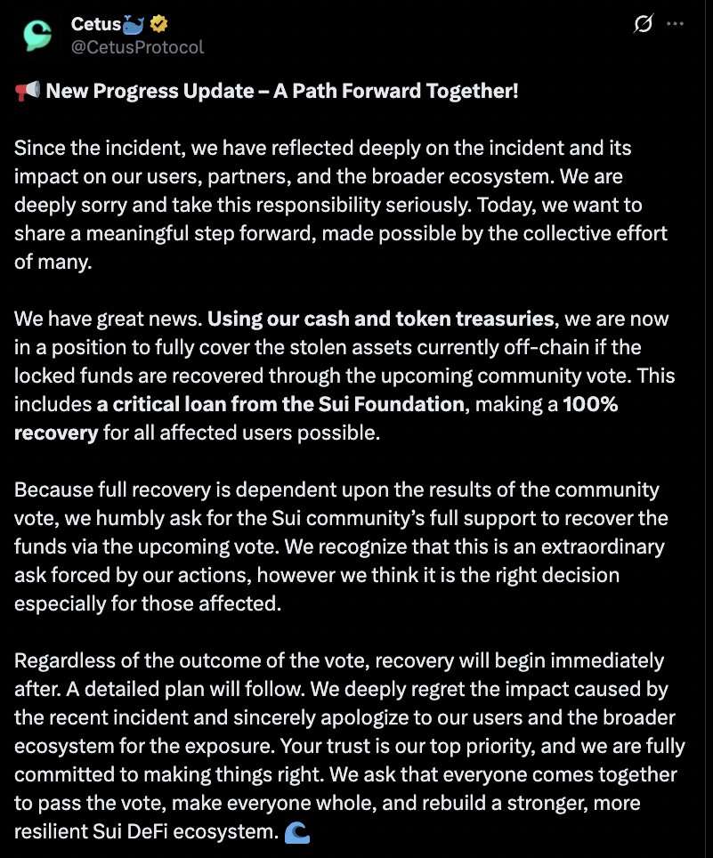 Cetus to Fully Compensate Users After 3 Million Exploit, Sui Community Vote to Decide 2 Million Release – “The Defiant”