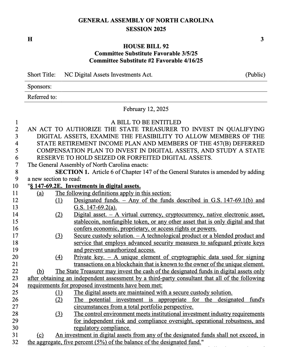 North Carolina House Passes House Bill 92 to Establish Strategic Bitcoin Reserve Led by Speaker Destin Hall