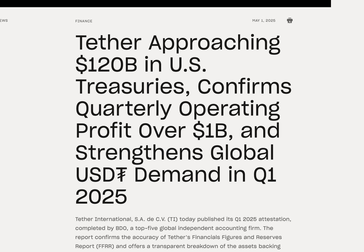 Tether Mints $2B USDT, Posts $1B Q1 Profit and Near-$120B Treasury Hoard