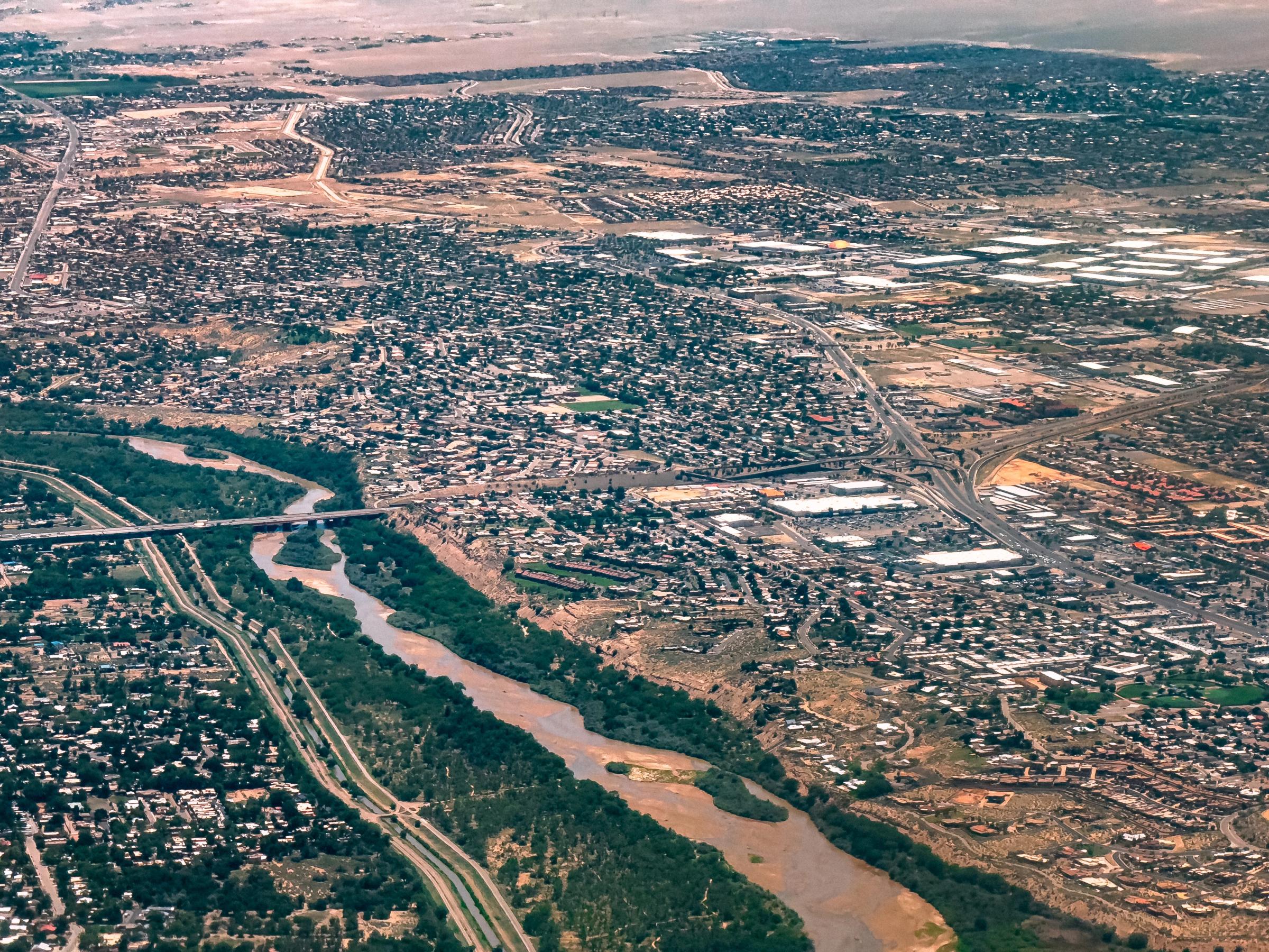 Aerial view of the Rio Grande running through Albuquerque, New Mexico
