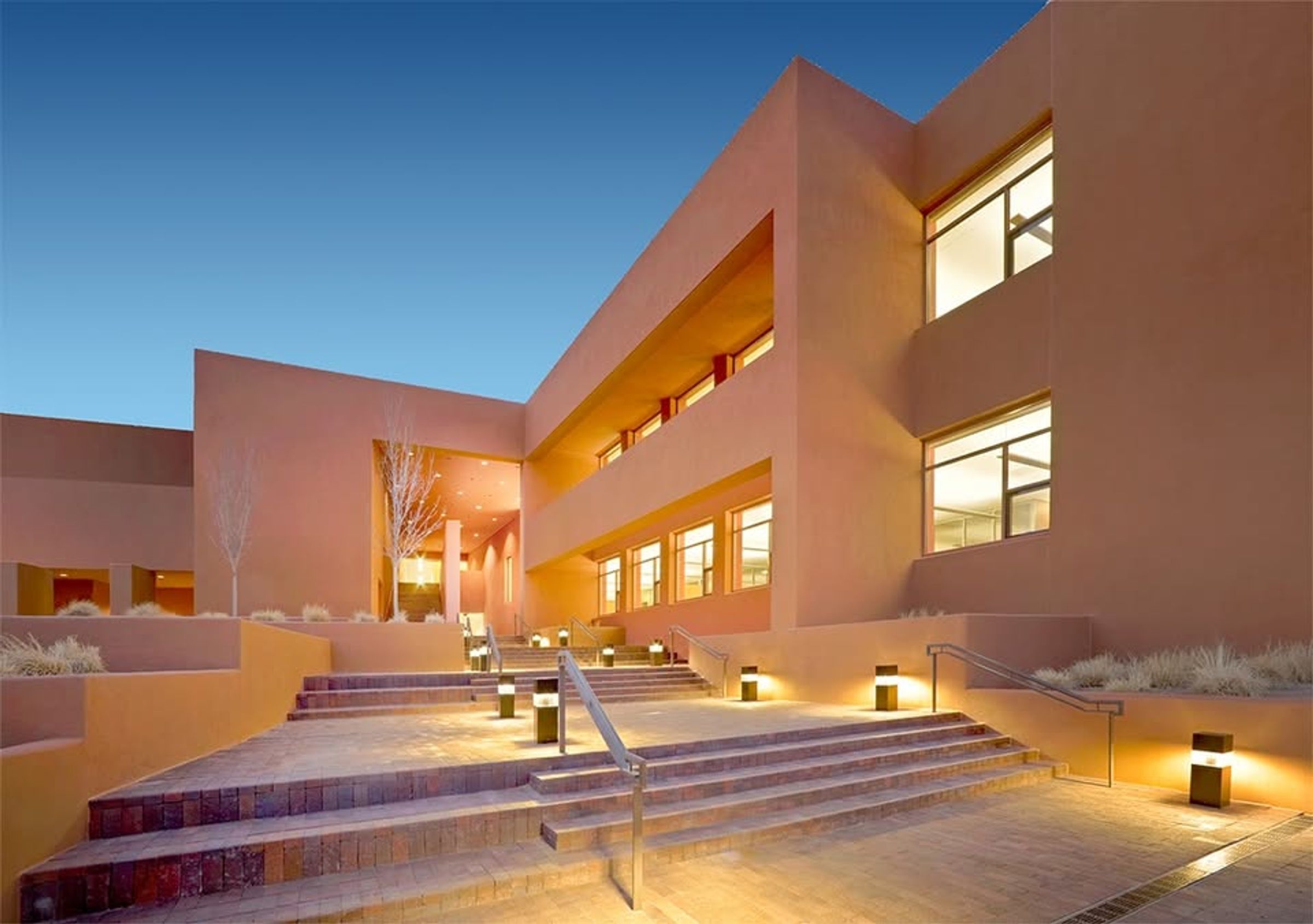 The Thornburg Foundation building at dusk in Santa Fe, New Mexico
