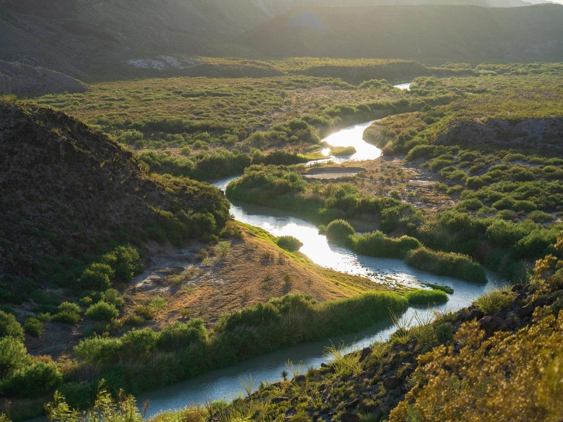 Aerial view of the Rio Grande winding through agricultural land in New Mexico