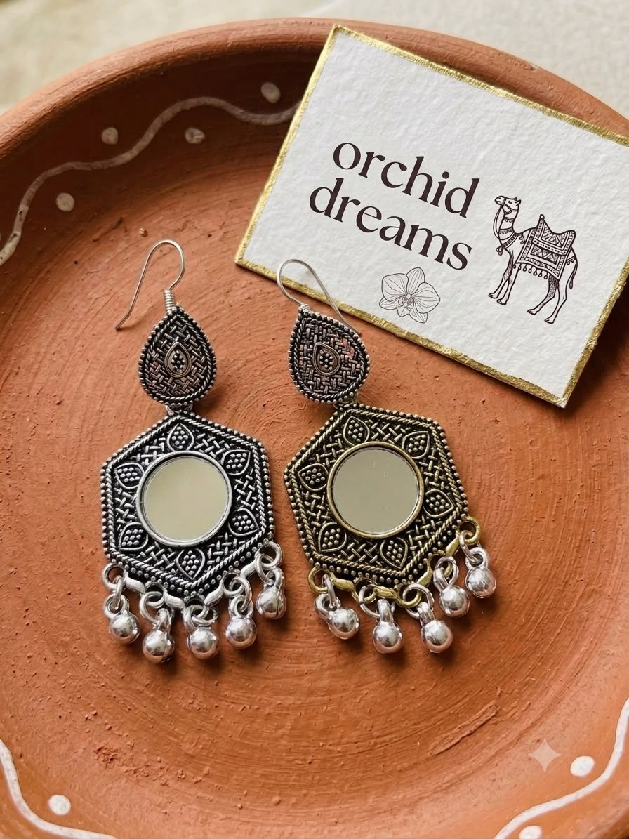 Tribal Mirror Hexagon Oxidised Earrings