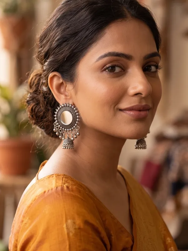 Artisanal Silver Oxidized Mirror Jhumka Earrings — alternate view