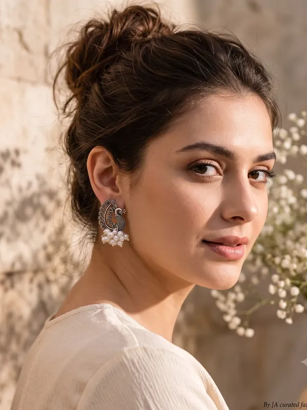 Peacock Oxidized Pearl Earrings — alternate view