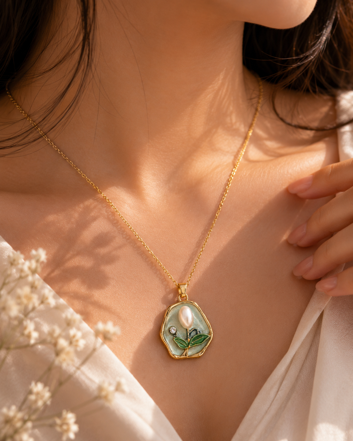Elegant Mother Pearl Blossom Pendant Necklace-Light Green — alternate view