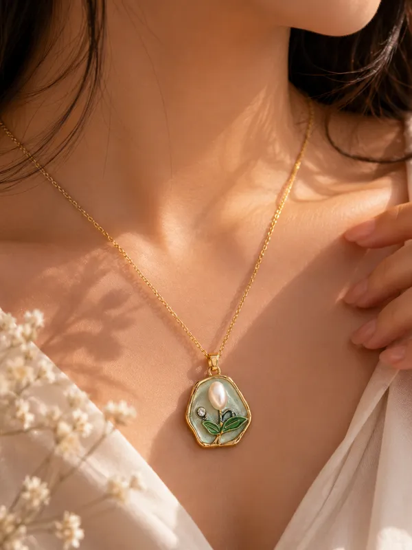 Elegant Mother Pearl Blossom Pendant Necklace-Light Green — alternate view