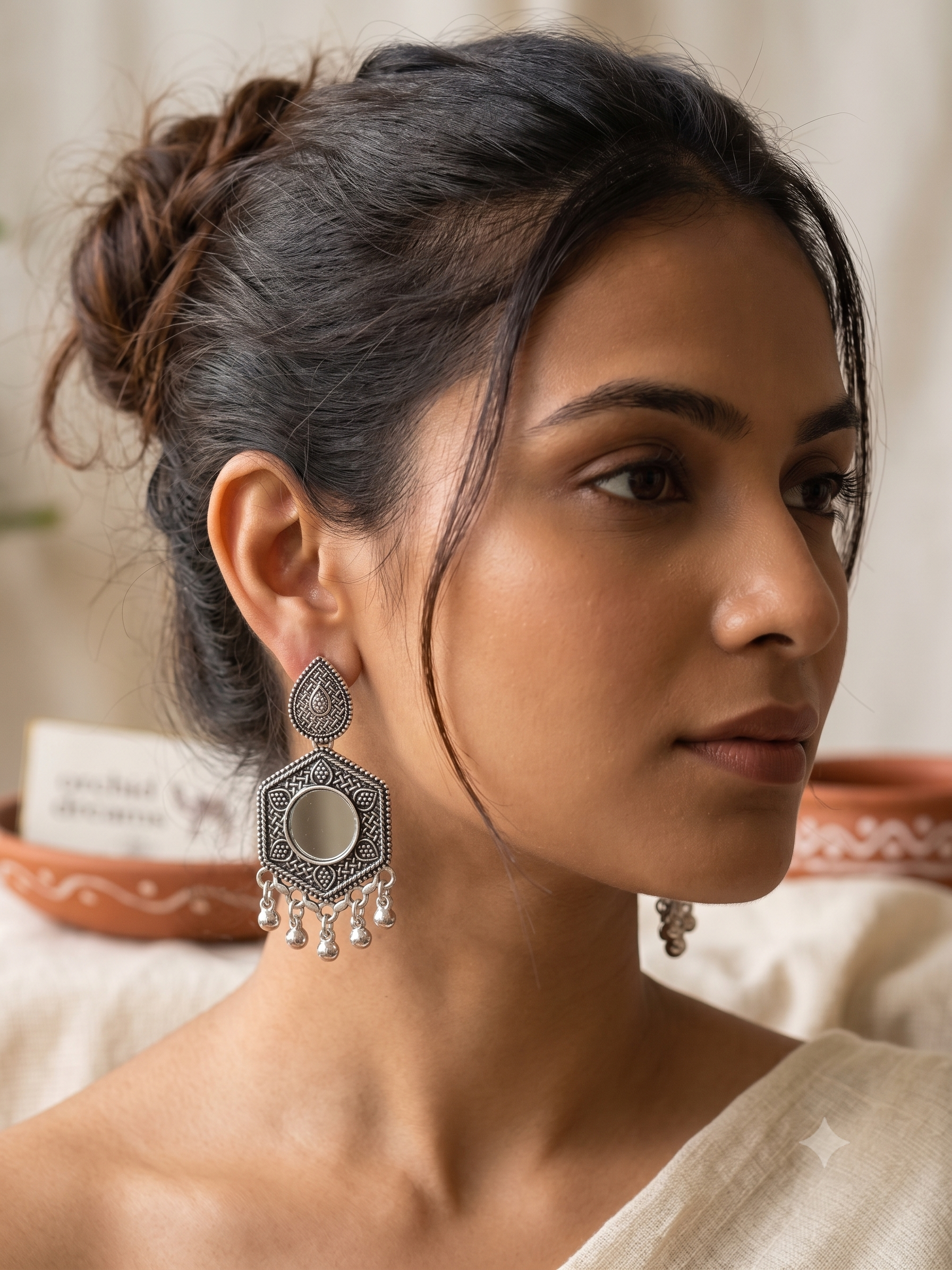 Tribal Mirror Hexagon Oxidised Earrings — alternate view