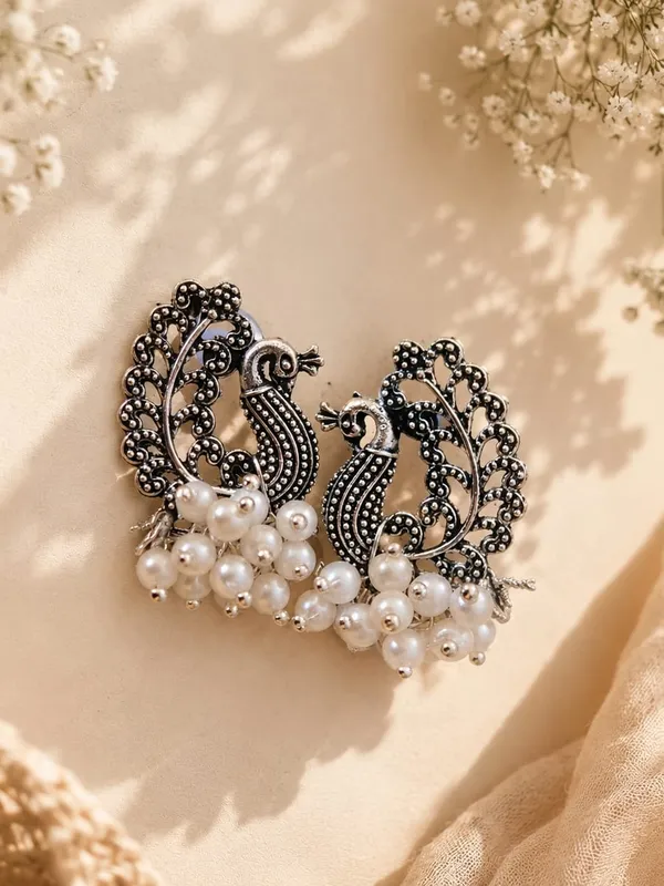 Peacock Oxidized Pearl Earrings