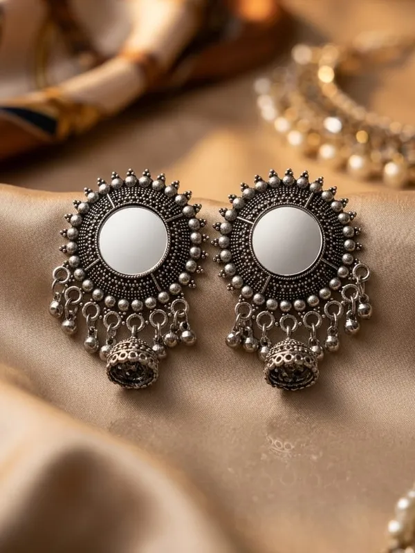 Artisanal Silver Oxidized Mirror Jhumka Earrings