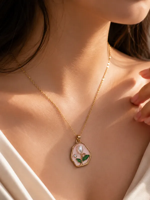 Elegant Mother of Pearl Blossom Pendant Necklace-Light Pink — alternate view