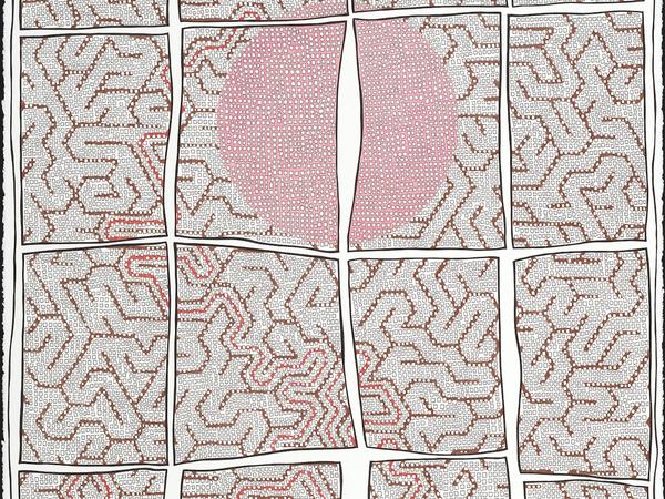 pen and colored pencil drawing of a Grid with a Maze and a pink circle by Jen Wohlner