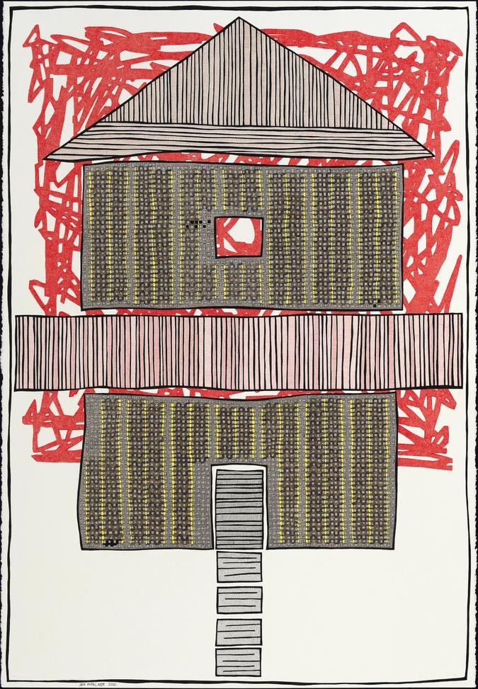 pen and colored pencil drawing Hostile House by Jen Wohlner