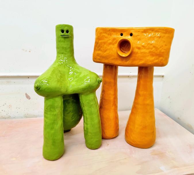 ceramic Green and Orange Creatures by Jen Wohlner