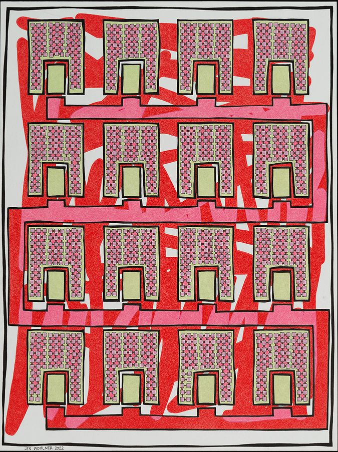 Neighborhood (pink and red) pen and colored pencil by Jen Wohlner