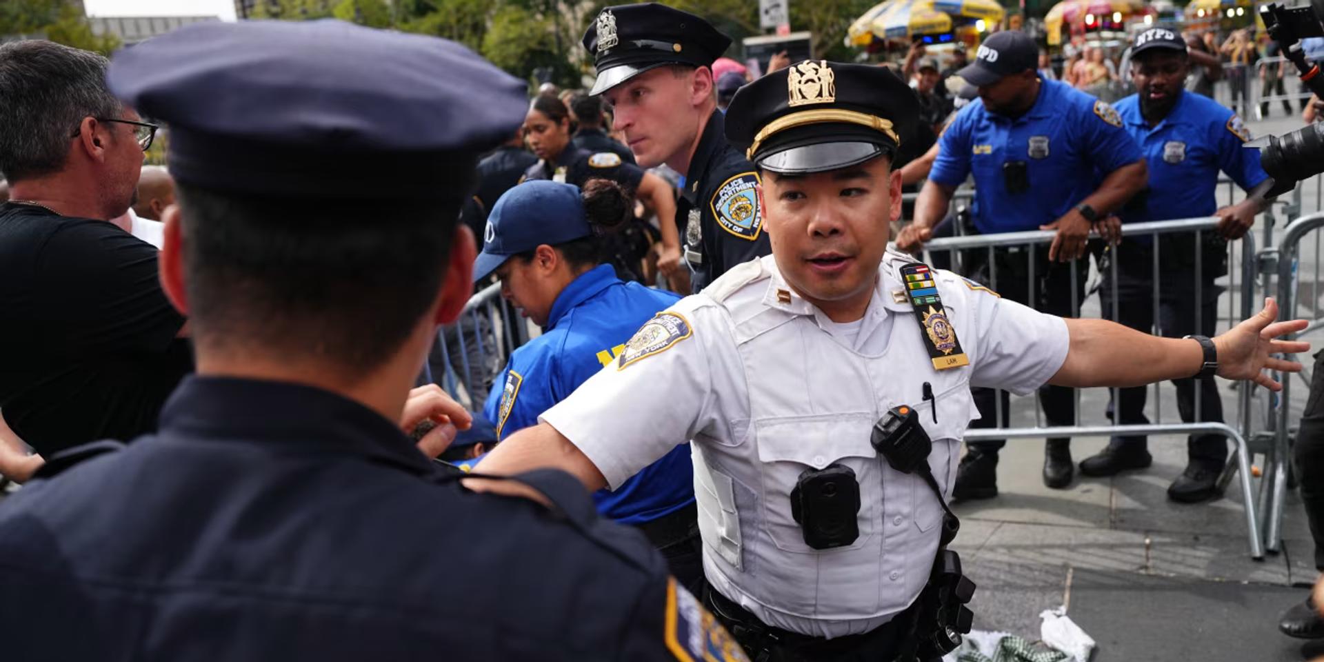 New York City Police during a demonstration on the 25th anniversary of the Sept. 11, 2001, terrorist attacks in New York, Sept. 11. Angelina Katsanis/Associated Press