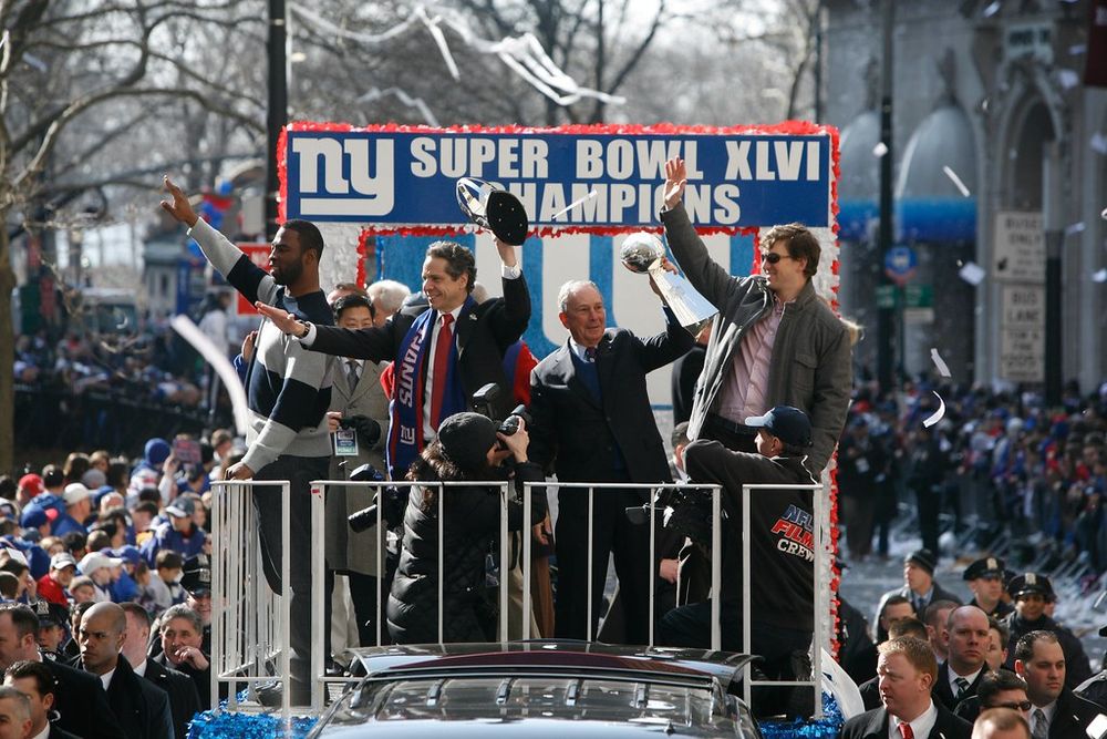 Cuomo on an open-top parade for the NY Giants following their Super Bowl victory