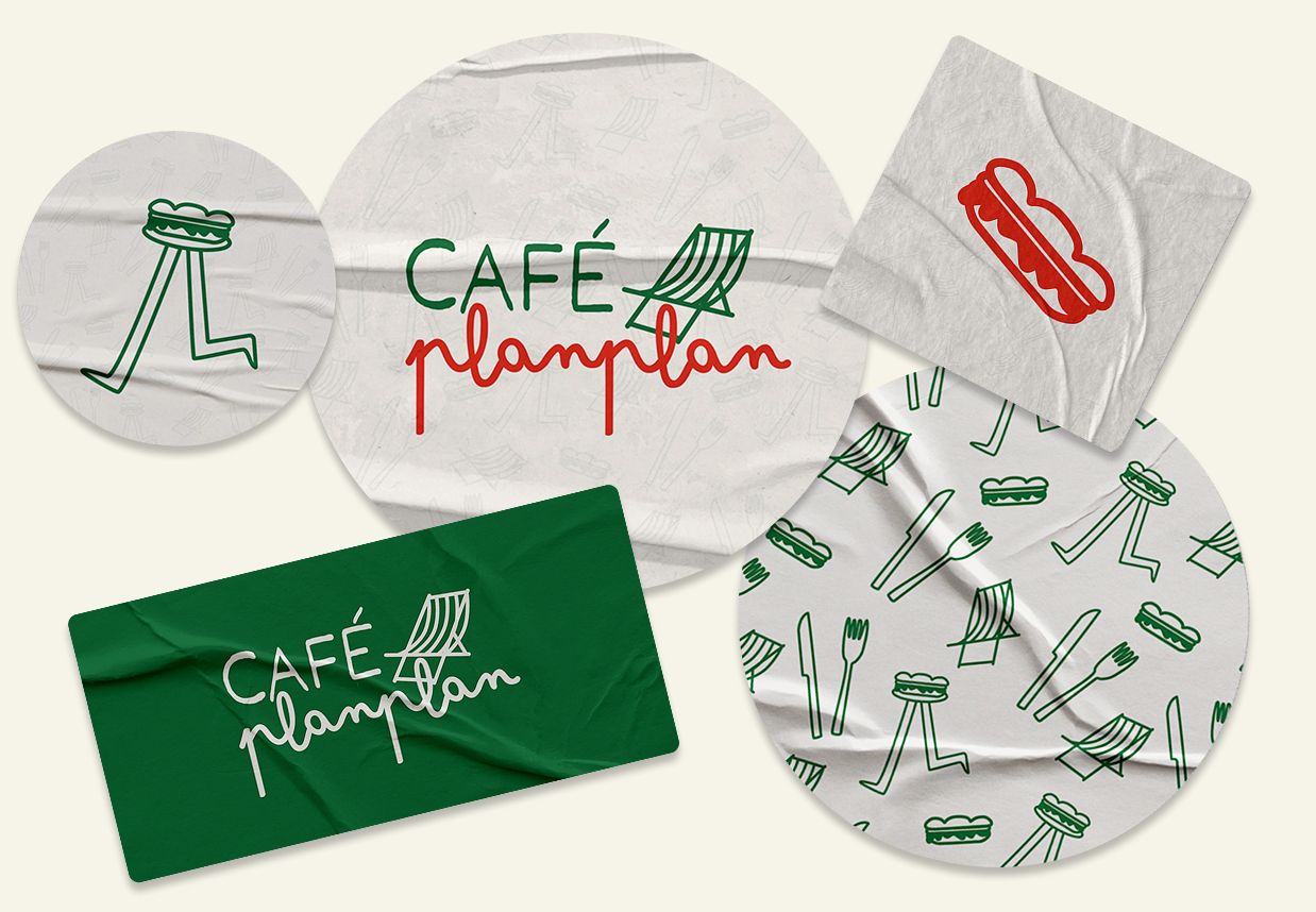 Déclinaisons de l’identité visuelle du Café Planplan sur différents supports, avec le logo, des illustrations de sandwichs et un motif graphique vert et rouge.