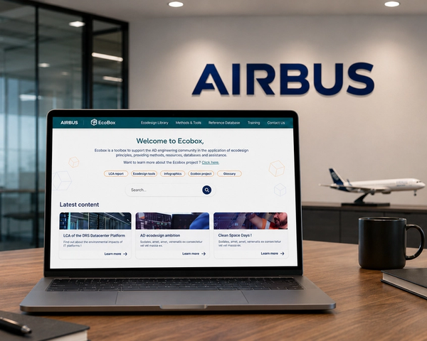 Mockup de la plateforme ECOBOX d’Airbus affichée sur un ordinateur portable dans un environnement de bureau.
