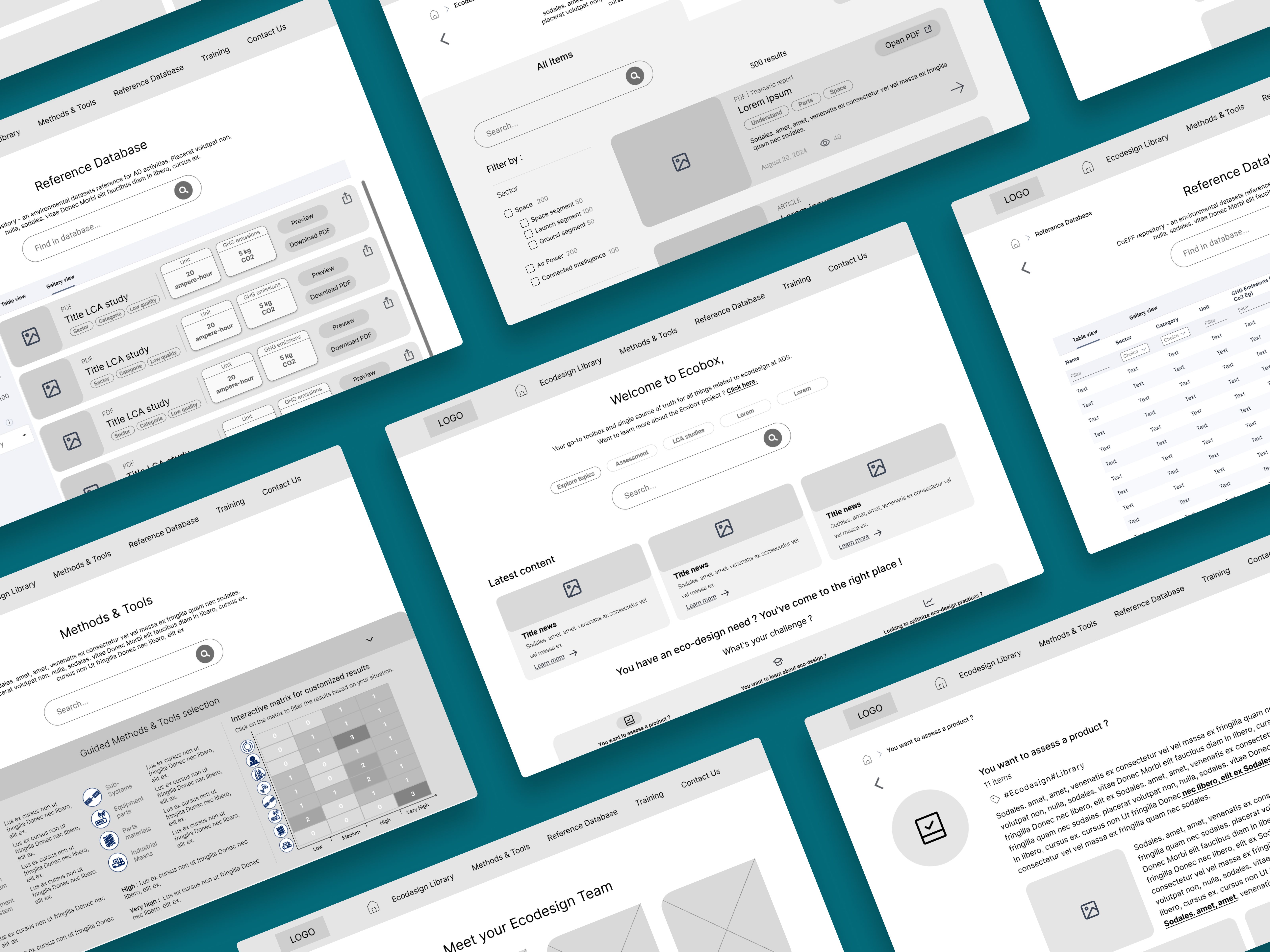 Wireframes de la plateforme ECOBOX présentant les principales interfaces et leur structure avant la conception graphique.