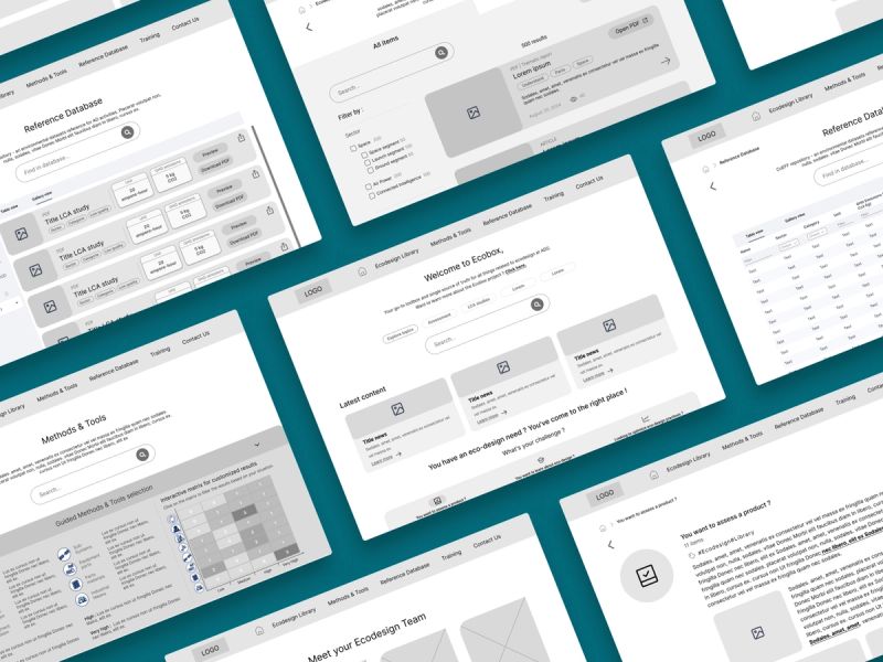 Wireframes de la plateforme ECOBOX présentant les principales interfaces et leur structure avant la conception graphique.