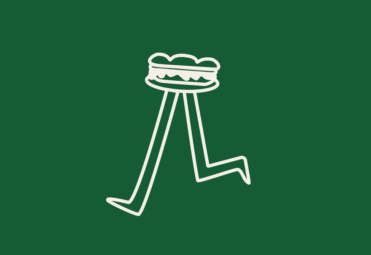 Illustration d'un sandwich avec des jambes de l'identité visuelle Café Planplan faite à la main, beige sur fond vert..