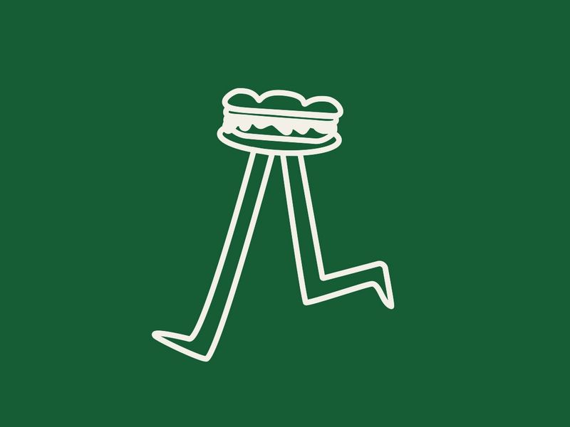 Illustration d'un sandwich avec des jambes de l'identité visuelle Café Planplan faite à la main, beige sur fond vert..