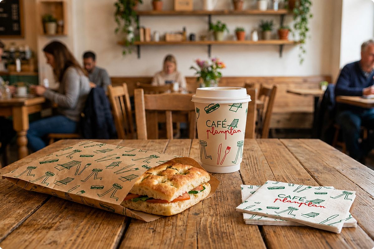 Sandwich, gobelet et serviettes aux couleurs du Café Planplan, disposés sur une table en bois dans l’ambiance chaleureuse du café.